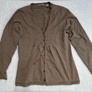 Liz Claiborne Brown Taupe Cardigan Embroidered V Neck Button Front Size Large